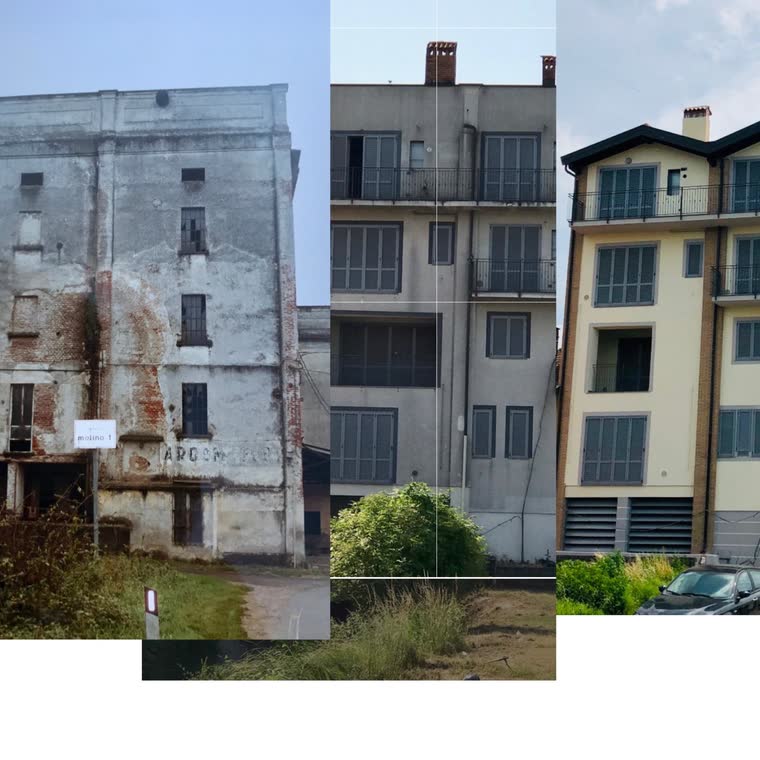 Confronto fra il vecchio molino dismesso e la palazzina residenziale ricavata dal recupero